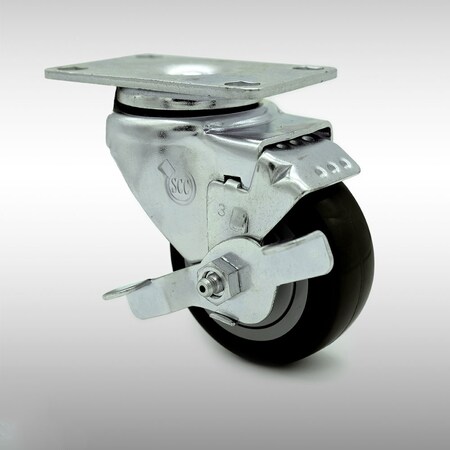 Service Caster 3 Inch SS Black Polyurethane Swivel Top Plate Caster with Brake SCC-SS20S314-PPUB-BLK-TLB